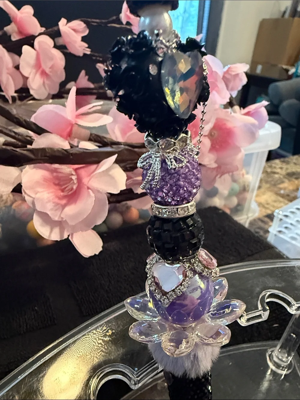 Handcrafted Black & Purple Decorative Pen with Heart Crystal Accent